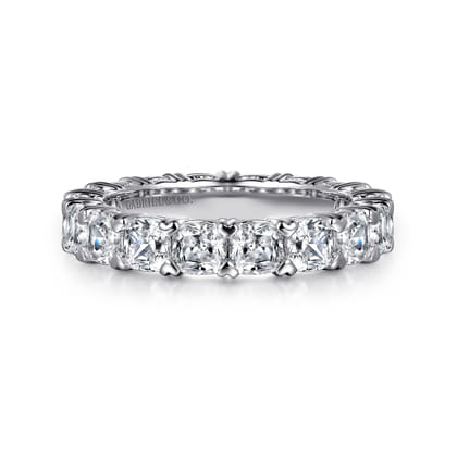 14K White Gold Cushion Cut Diamond Eternity Band with Heart Prongs