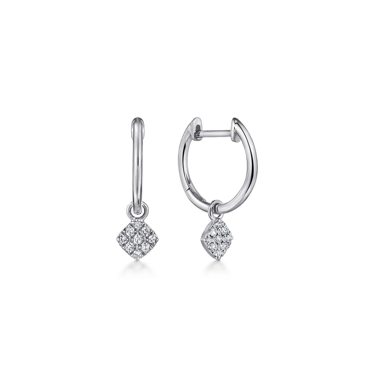 14K White Gold Cushion Cut Pave 10mm Diamond Drop Earrings - 0.11 ct - Shot 1
