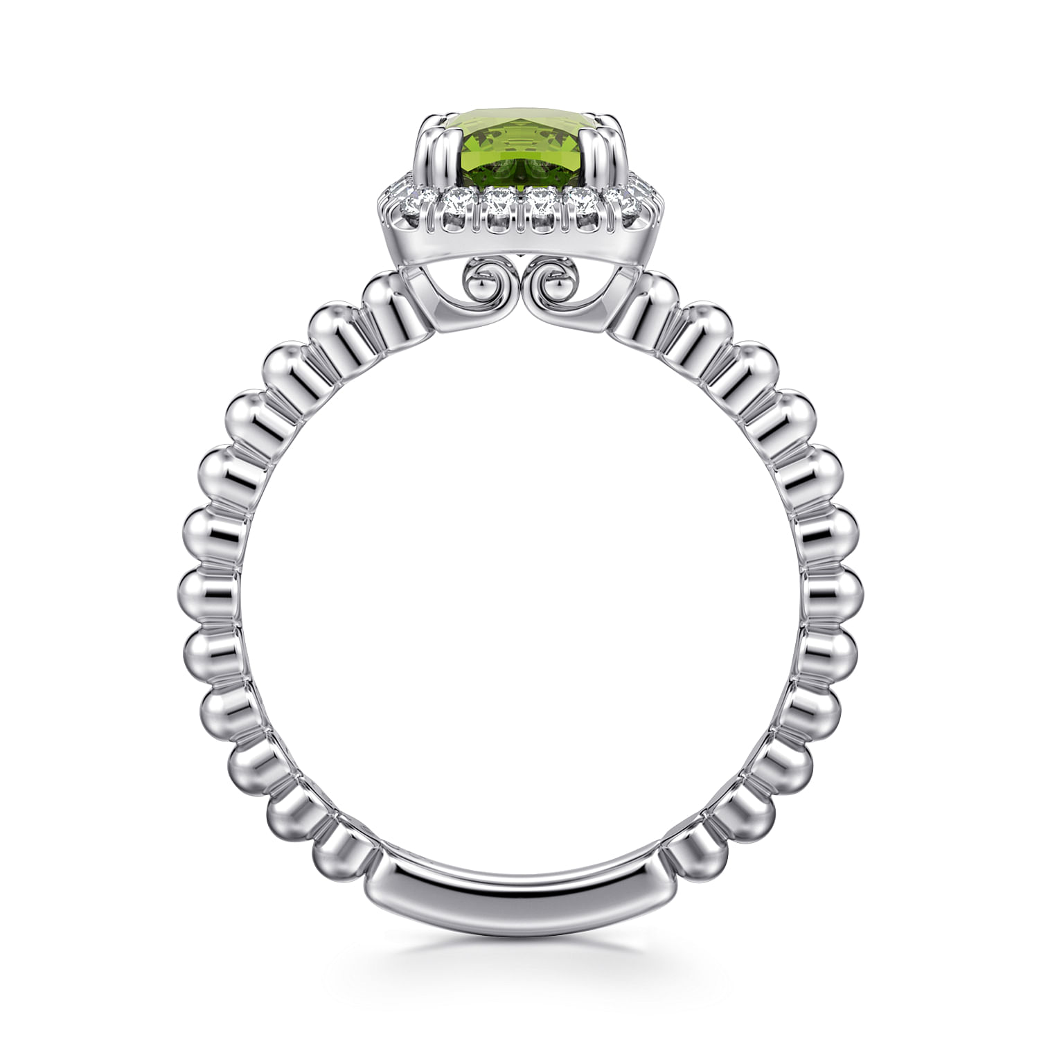 14K White Gold Cushion Cut Peridot and Diamond Halo Ring