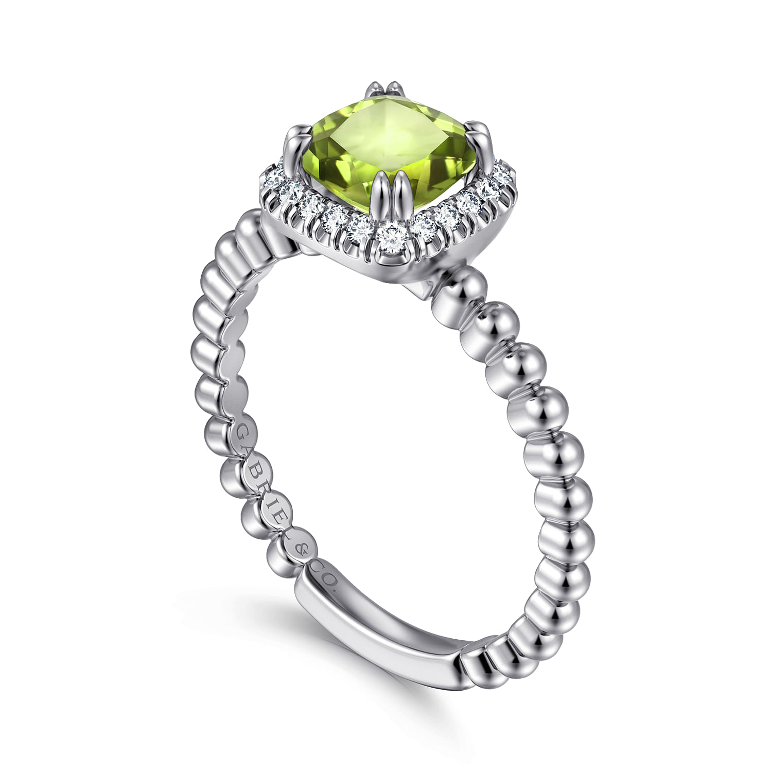 14K White Gold Cushion Cut Peridot and Diamond Halo Ring