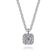 14K White Gold Cushion Halo Round Diamond Pendant Necklace