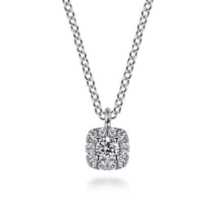 14K White Gold Cushion Halo Round Diamond Pendant Necklace