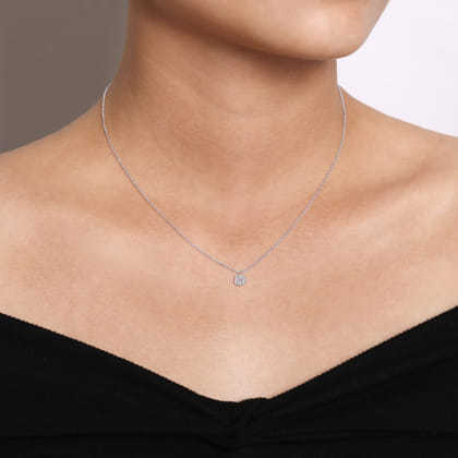 14K White Gold Cushion Halo Round Diamond Pendant Necklace