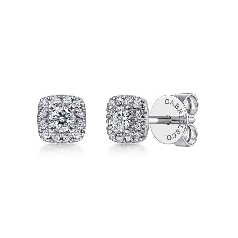 14K White Gold Cushion Halo Round Diamond Stud Earrings - 0.3 ct - Shot 1