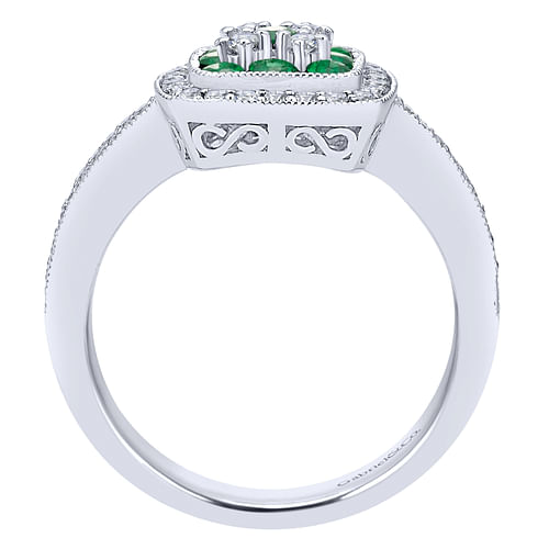 14K White Gold Cushion Shape Cluster Ring with Emerald and Diamond - 0.3 ct - Shot 2