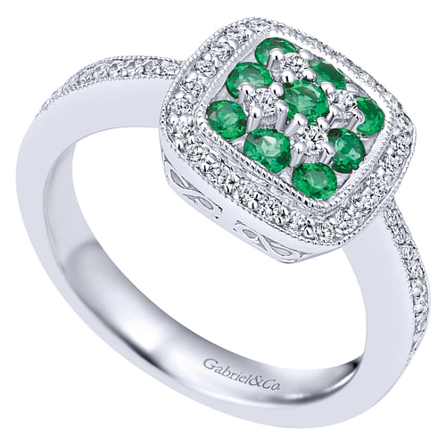 14K White Gold Cushion Shape Cluster Ring with Emerald and Diamond - 0.3 ct - Shot 3