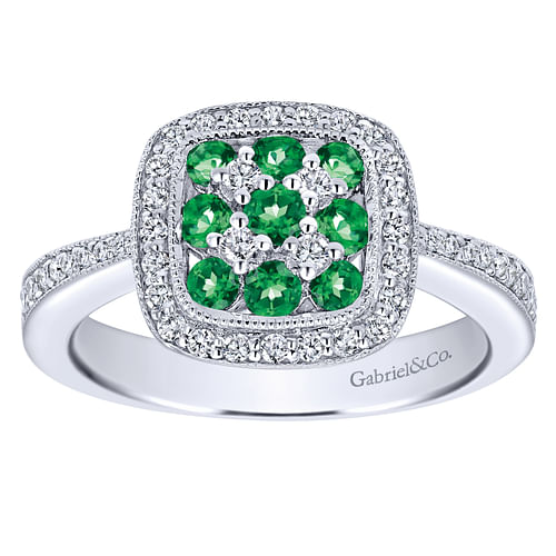14K White Gold Cushion Shape Cluster Ring with Emerald and Diamond - 0.3 ct - Shot 4