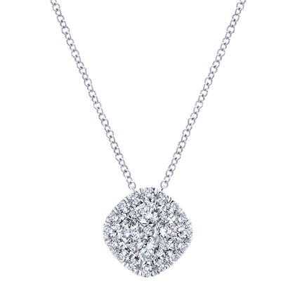 14K White Gold Cushion Shape Diamond Pave Pendant Necklace