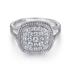14K White Gold Cushion Shape Diamond Pave Split Shank Ring
