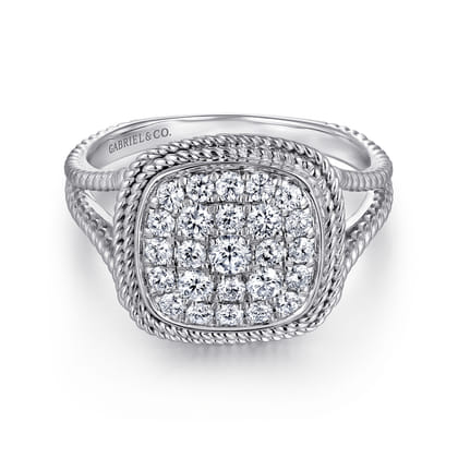 14K White Gold Cushion Shape Diamond Pave Split Shank Ring