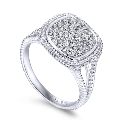 14K White Gold Cushion Shape Diamond Pave Split Shank Ring