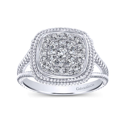 14K White Gold Cushion Shape Diamond Pave Split Shank Ring