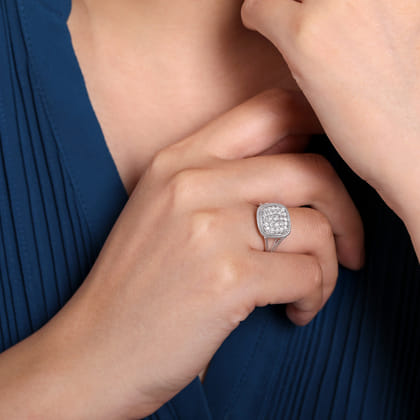 14K White Gold Cushion Shape Diamond Pave Split Shank Ring