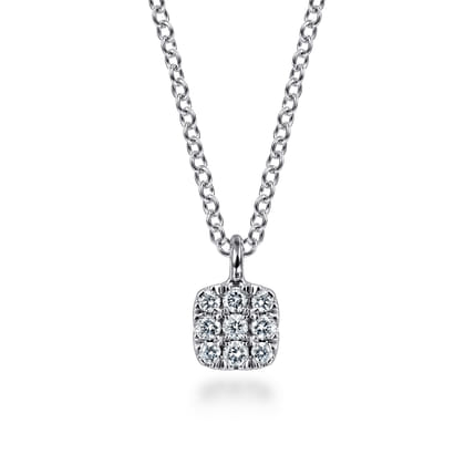 14K White Gold Cushion Shaped Diamond Cluster Pendant Necklace