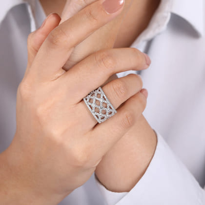 14K White Gold Cutout Diamond Wide Band Ring