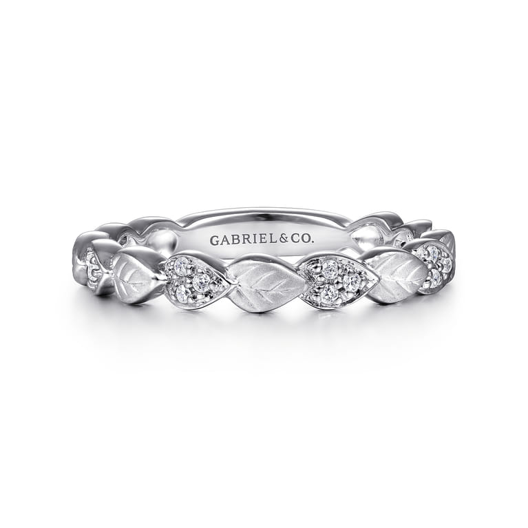 14K White Gold Delicate Leaf Diamond Stackable Ring - 0.09 ct - Shot 1