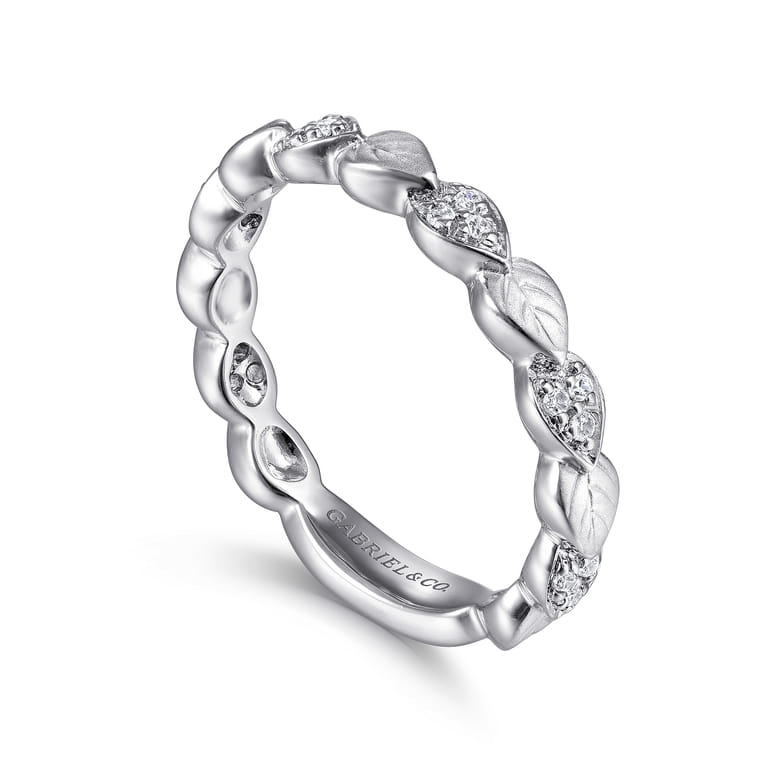14K White Gold Delicate Leaf Diamond Stackable Ring - 0.09 ct - Shot 3