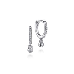 14K White Gold Diamond 10mm Huggie Drop Earrings With U Set Diamond Huggie and Bezel Set Diamond Hang Off The Bottom The Huggie