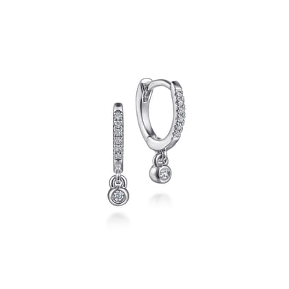 14K White Gold Diamond 10mm Huggie Drop Earrings With U Set Diamond Huggie and Bezel Set Diamond Hang Off The Bottom The Huggie