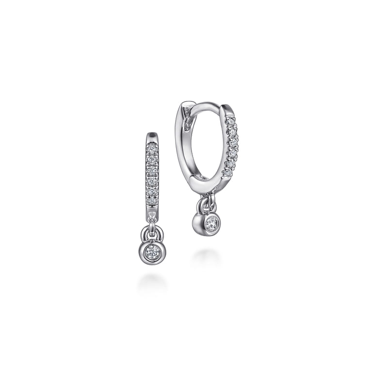 14K White Gold Diamond 10mm Huggie Drop Earrings With U Set Diamond Huggie and Bezel Set Diamond Hang Off The Bottom The Huggie - 0.07 ct - Shot 1