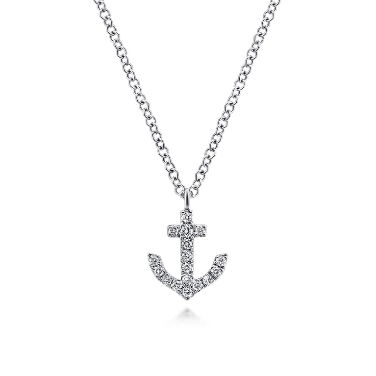 14K White Gold Diamond Anchor Pendant Necklace - 0.09 ct - Shot 1