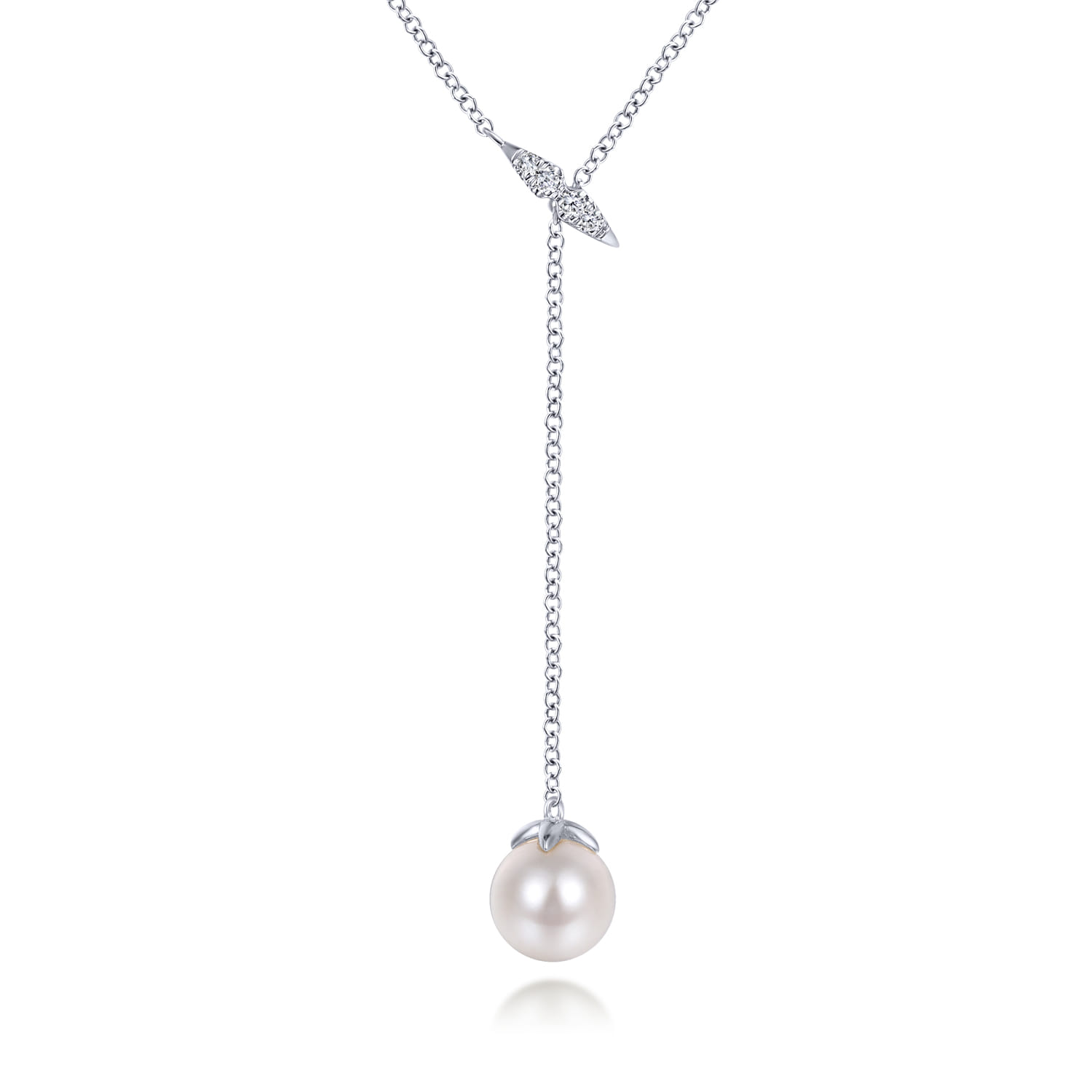 14K White Gold Diamond And Pearl Y Knot Necklace - 0.04 ct - Shot 1