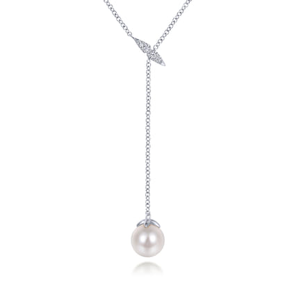 14K White Gold Diamond And Pearl Y Knot Necklace