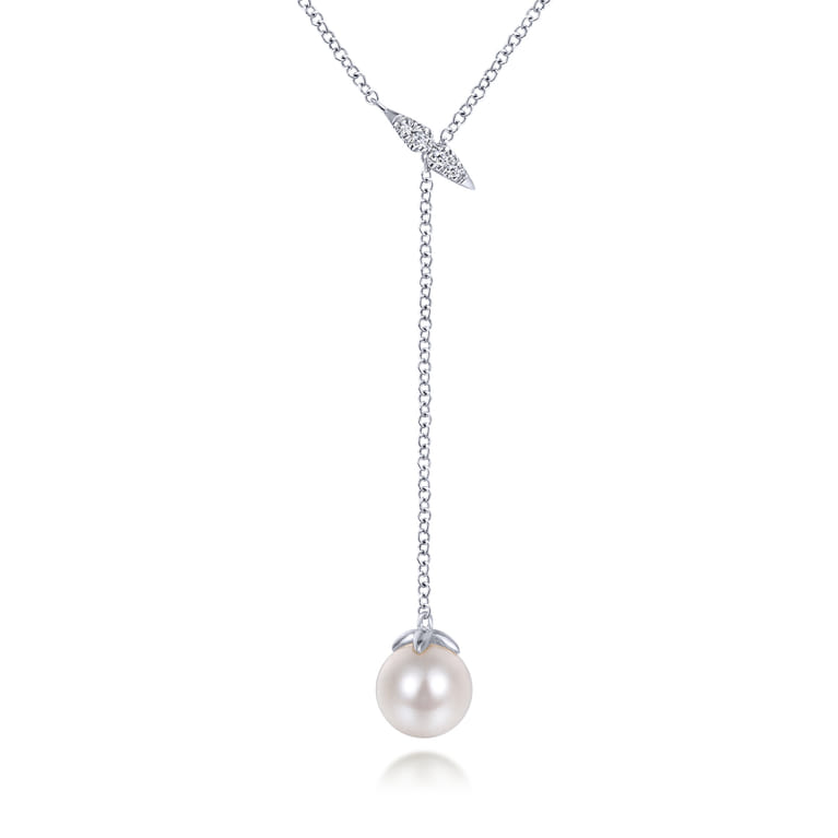 14K White Gold Diamond And Pearl Y Knot Necklace - 0.04 ct - Shot 1