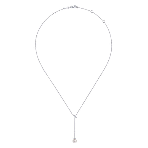 14K White Gold Diamond And Pearl Y Knot Necklace - 0.04 ct - Shot 2