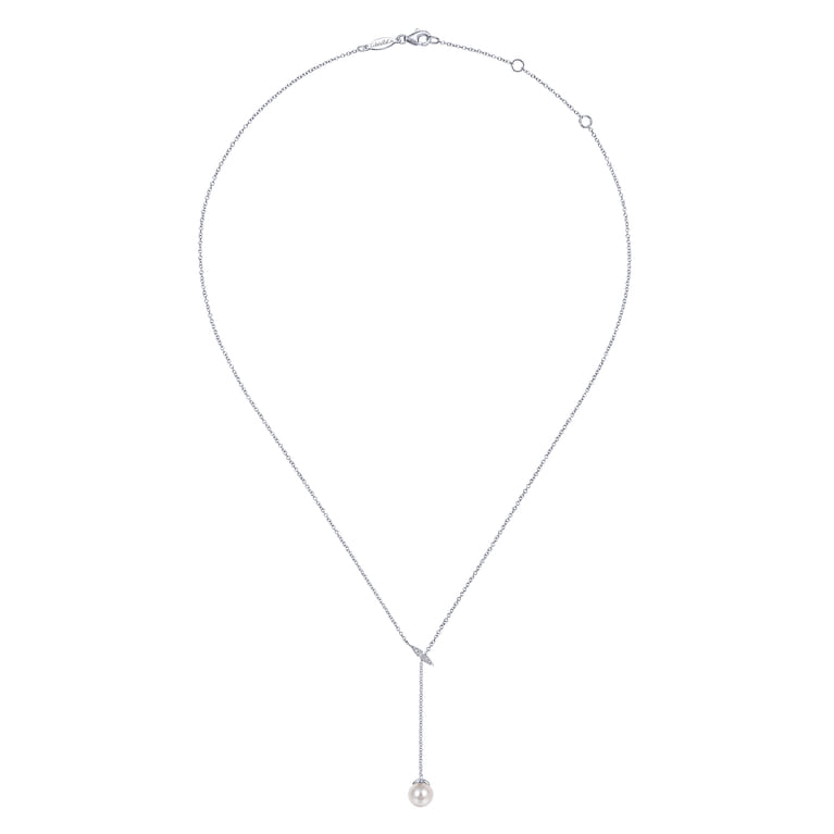 14K White Gold Diamond And Pearl Y Knot Necklace - 0.04 ct - Shot 2
