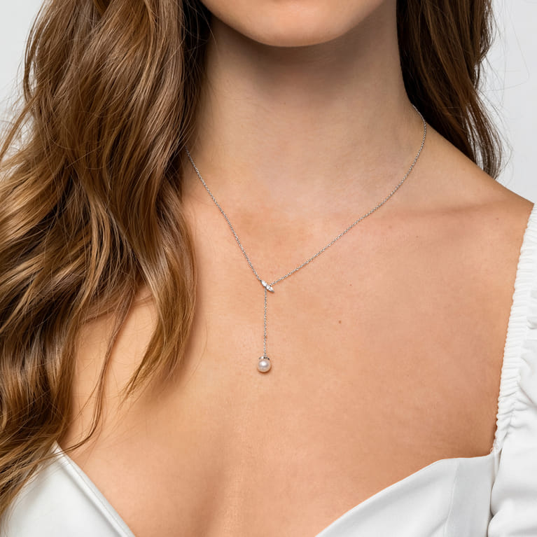 14K White Gold Diamond And Pearl Y Knot Necklace - 0.04 ct - Shot 3