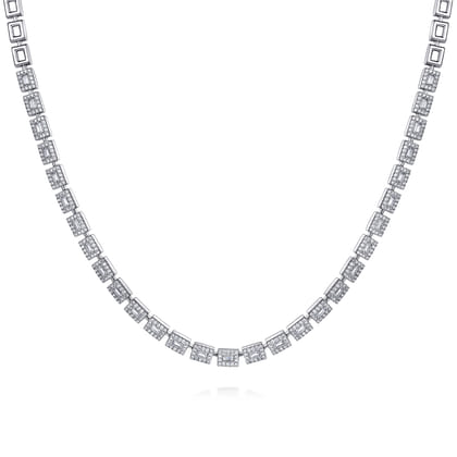 14K White Gold Diamond Baguette Halo Station Necklace