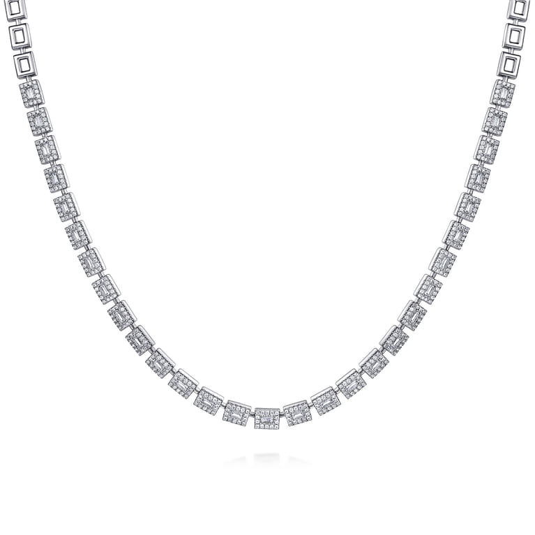 14K White Gold Diamond Baguette Halo Station Necklace - 3 ct - Shot 1