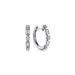 14K White Gold Diamond Baguette Huggie Earrings