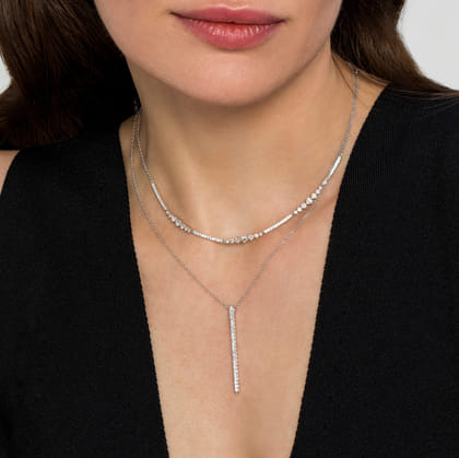 14K White Gold Diamond Bar Pendant Necklace