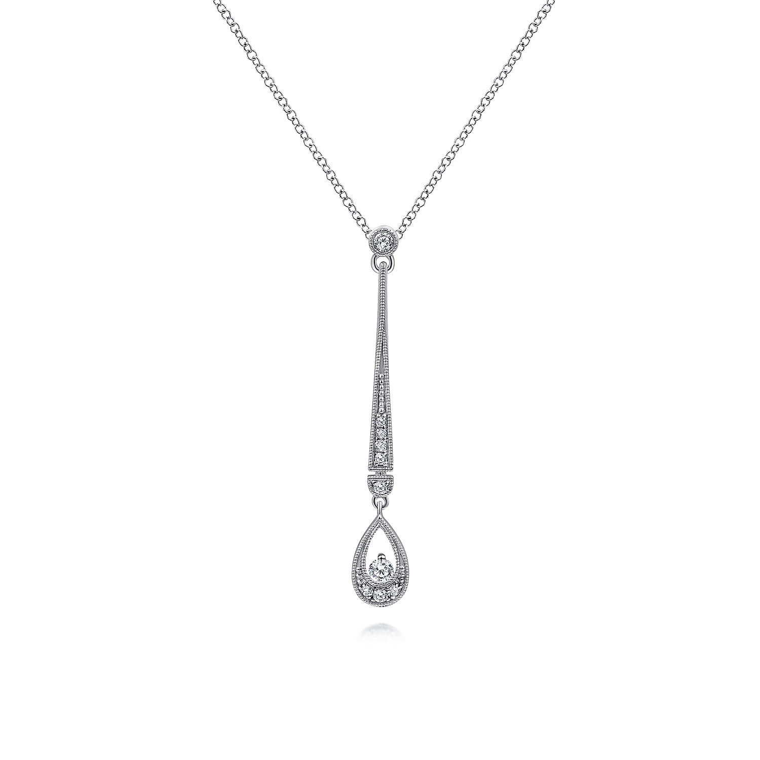 14K White Gold Diamond Bar and Teardrop Necklace - 0.17 ct - Shot 1