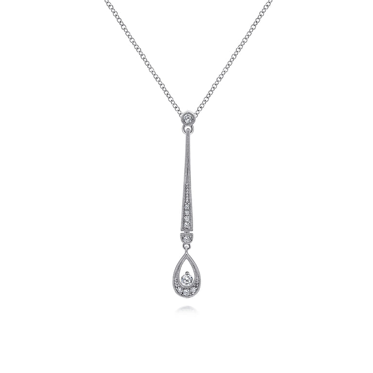 14K White Gold Diamond Bar and Teardrop Necklace - 0.17 ct - Shot 1
