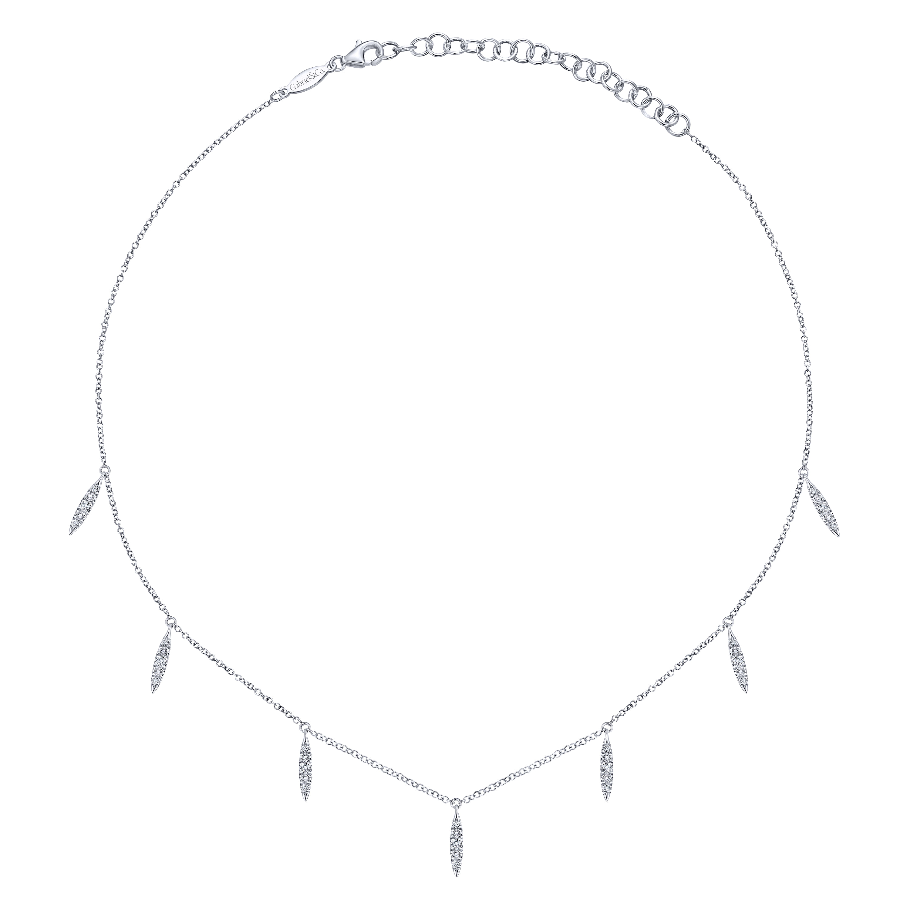14K White Gold Diamond Choker Necklace with Diamond Spike Drops
