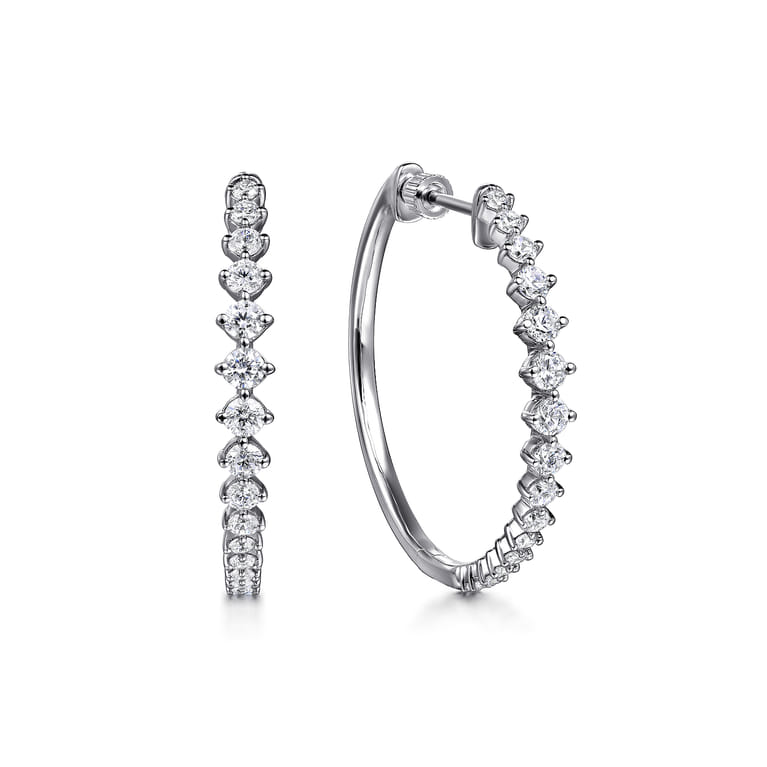 14K White Gold Diamond Classic Hoop Earrings - 1.25 ct - Shot 1
