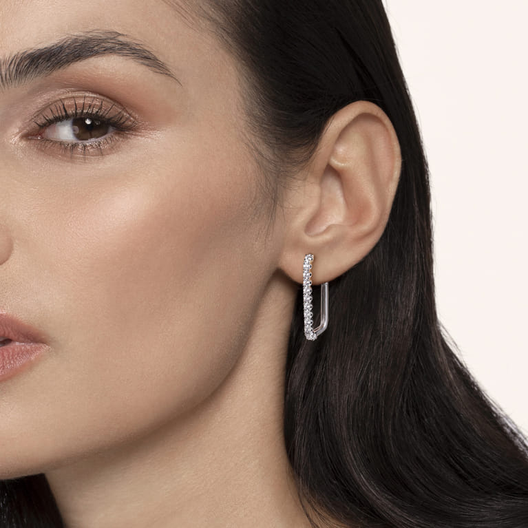 14K White Gold Diamond Classic Paperclip Hoop Earrings - 1.2 ct - Shot 2