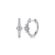 14K White Gold Diamond Clover Huggie Earrings