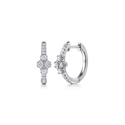 14K White Gold Diamond Clover Huggie Earrings