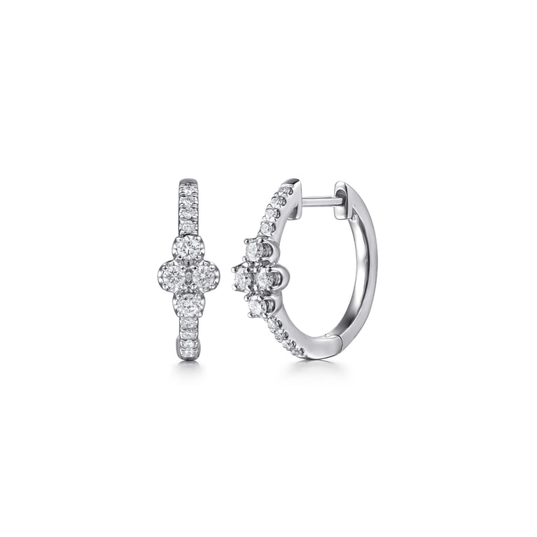 14K White Gold Diamond Clover Huggie Earrings - 0.25 ct - Shot 1