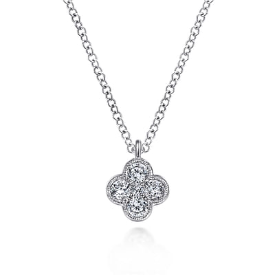 14K White Gold Diamond Clover Pendant Necklace
