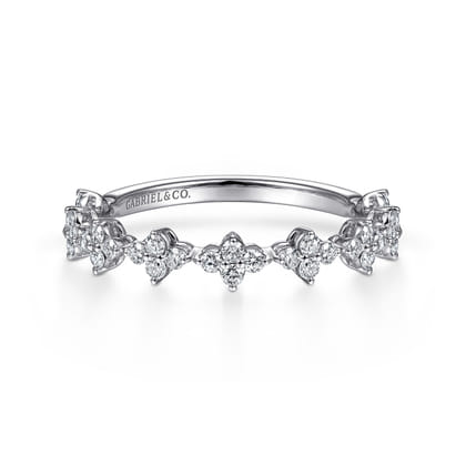 14K White Gold Diamond Clover Station Stackable Ring