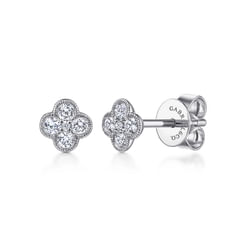 14K White Gold Diamond Clover Stud Earrings