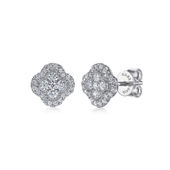 14K White Gold Diamond Clover Stud Earrings