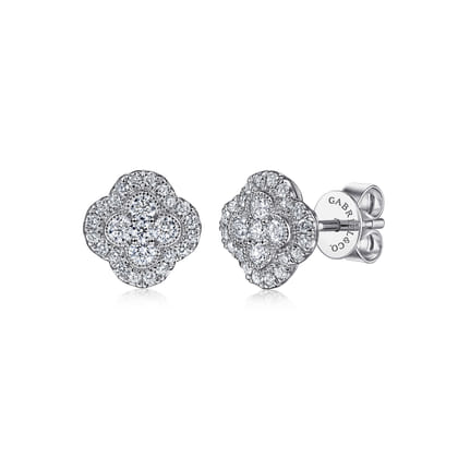 14K White Gold Diamond Clover Stud Earrings