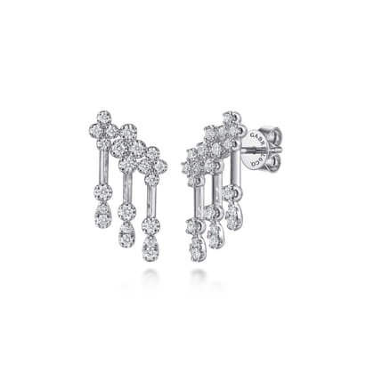 14K White Gold Diamond Clover and Fake Pear Stud Crop Earrings