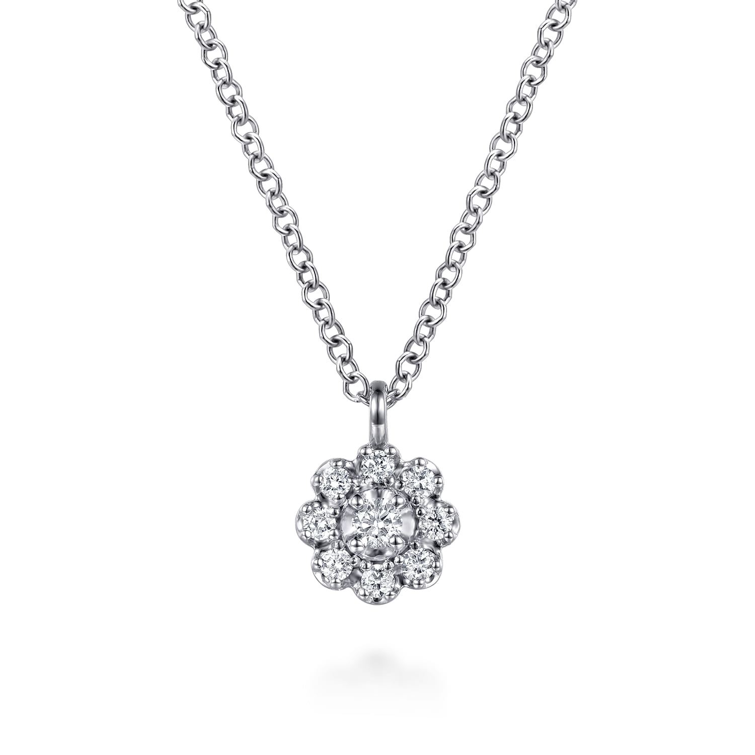 14K White Gold Diamond Cluster Flower Pendant Necklace - 0.1 ct - Shot 1